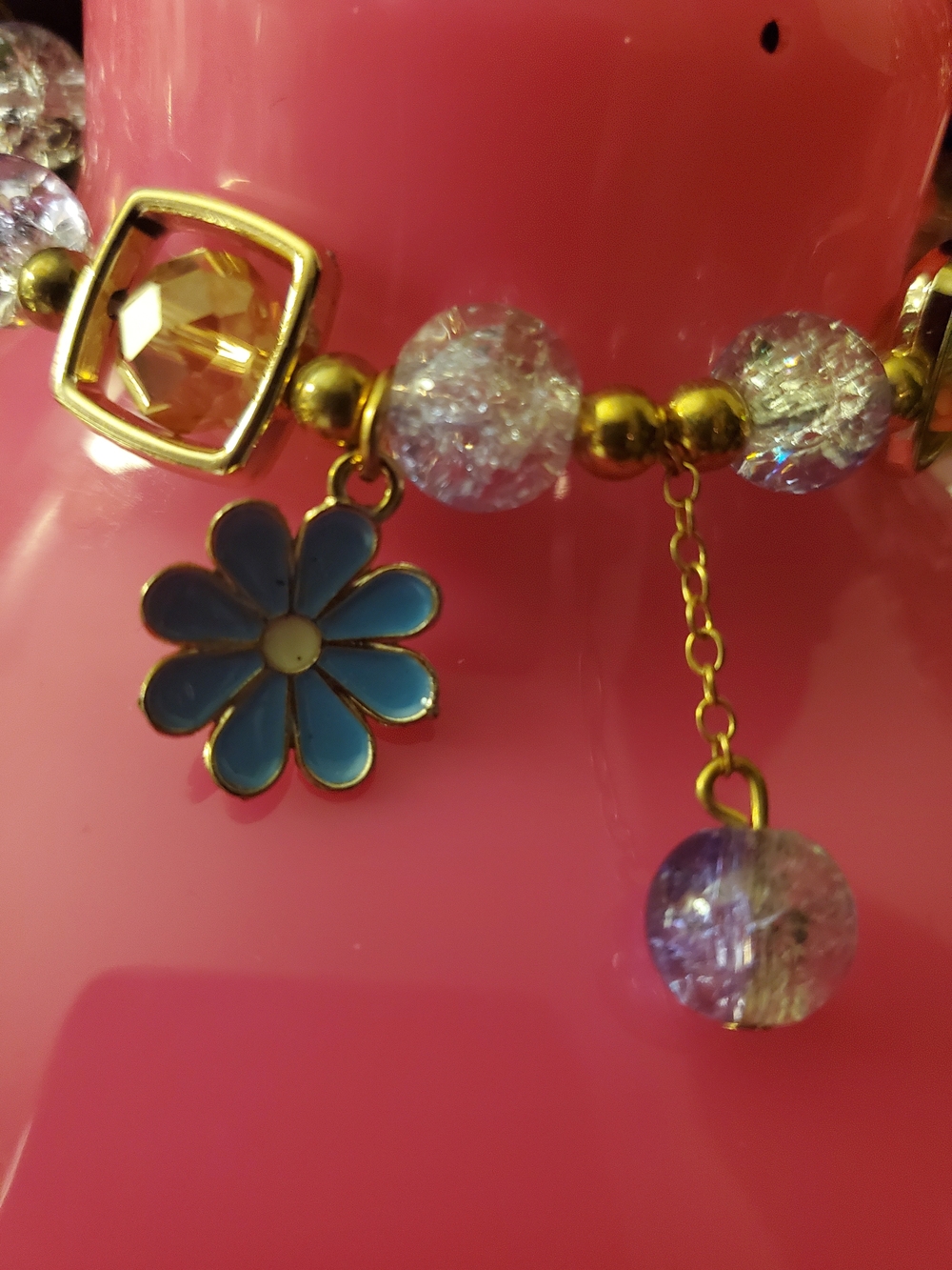 Gold, Lavender & Champagne Beaded Stretch Bracelet with Blue Flower Charm (new) - Picture 2 of 2